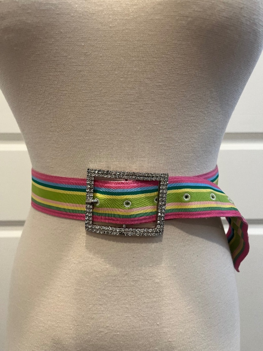Pink, Green, Yellow, Blue Ribbon Belt w/ Rhinestone Buckle
